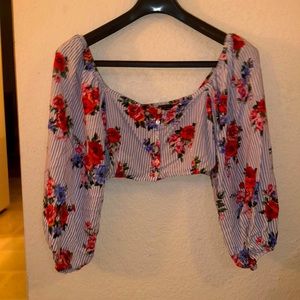 White Blue Striped with Pink Floral Crop Top